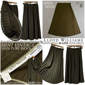MINT VTG Lloyd Williams 100% Pure Wool Olive Green High Waist Pleated Midi Skirt